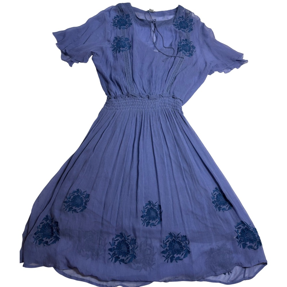 Sundance Midi Dress Women's Blue Excellent Floral Embroidered Smocked Size PXL